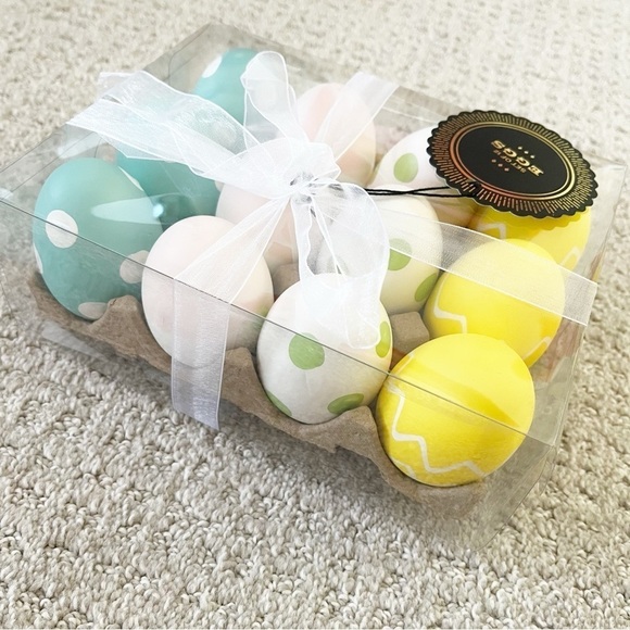 FAO Schwarz Easter Eggs Decor Polka Dot Striped Pink Yellow Green Blue Set of 12 - Picture 6 of 6